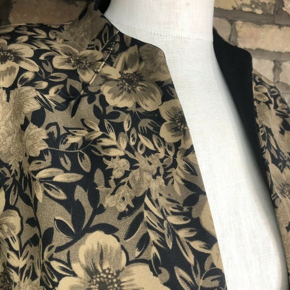 Vtg Boho Floral Blazer Black Brown Tan Women's Collarless Shoulder Pads - Picture 4 of 8
